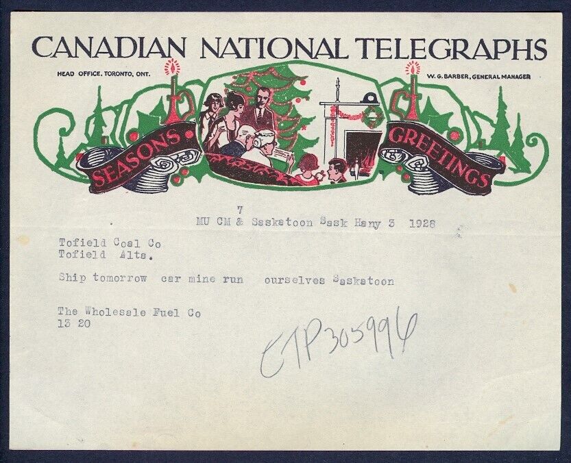 CANADA 1928 CANADIAN NATIONAL TELEGRAPHS XMAS ILLUSTRATED TELEGRAM