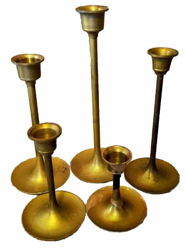 Vintage Brass Tapered Candle Holders Set of 5 Candlesticks MCM