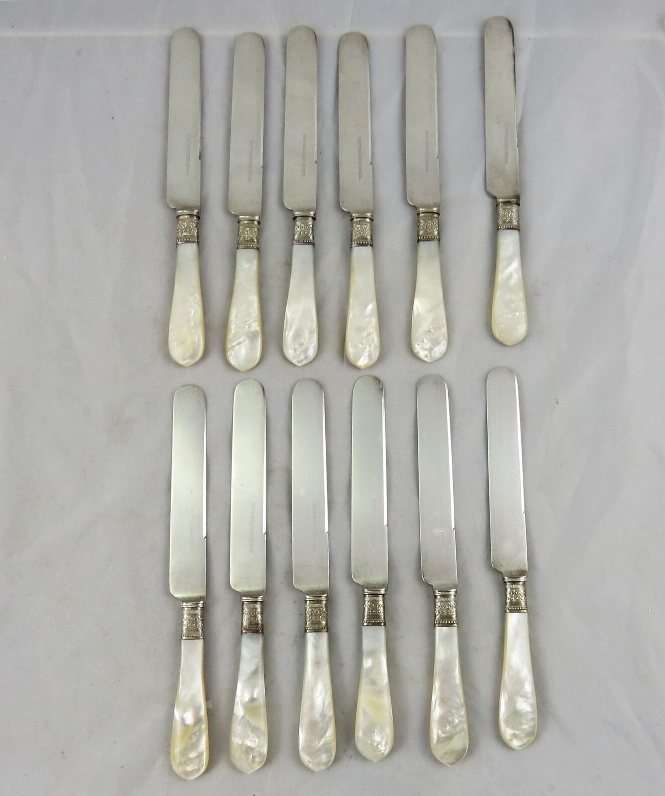 12 1847 Rogers Bros. Silver Mother of Pearl Gilded Age Handled Knives 8\