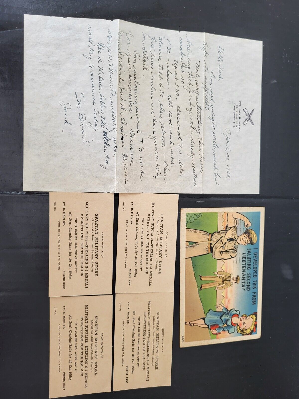 Vintage Army Pvt Postcard With T. S. Tickets (4) And A Letter From 1945 