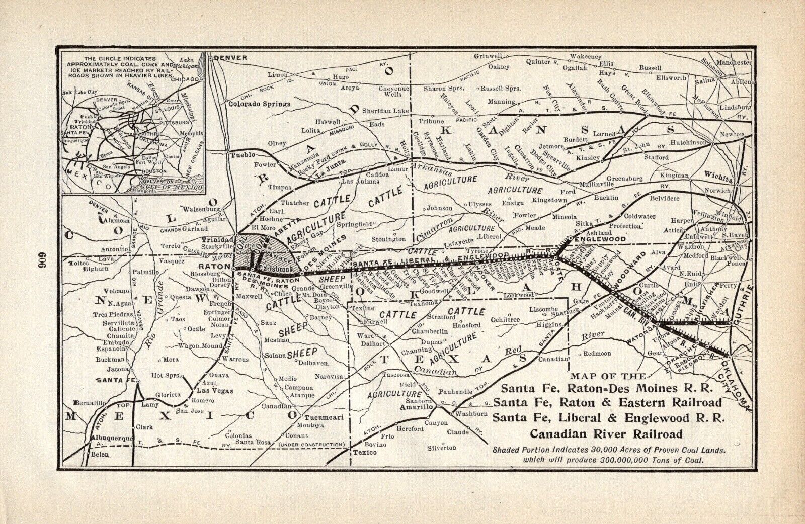 1908 Antique Santa Fe Raton Des Moines Railroad Map Liberal Englewood RR 1628