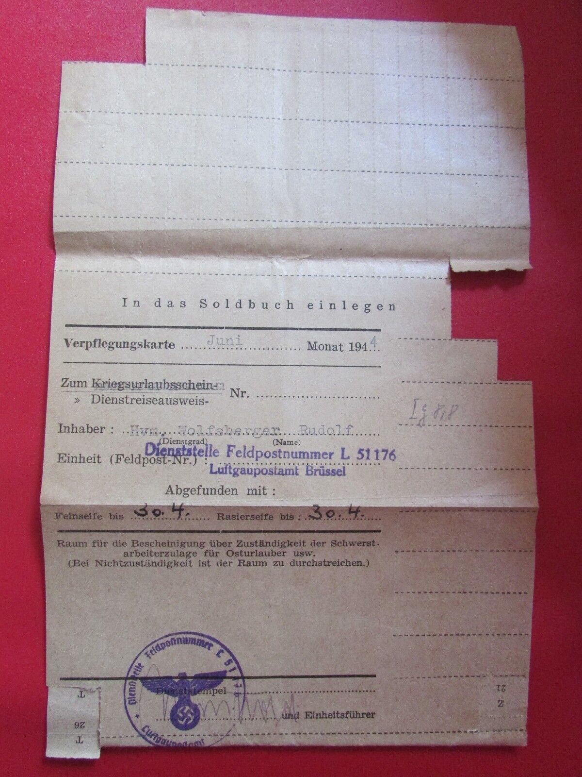 Rare 1944 German Signed Soldier\'s ration sheet Rudolph Wolfsberger in Brussels 