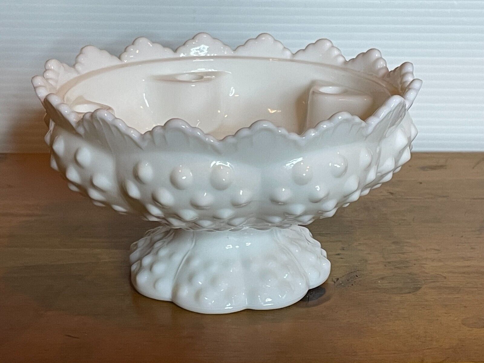 Vintage 50s MCM Fenton USA White Milk Glass Hobnail Crown Candleholder Dish Bowl