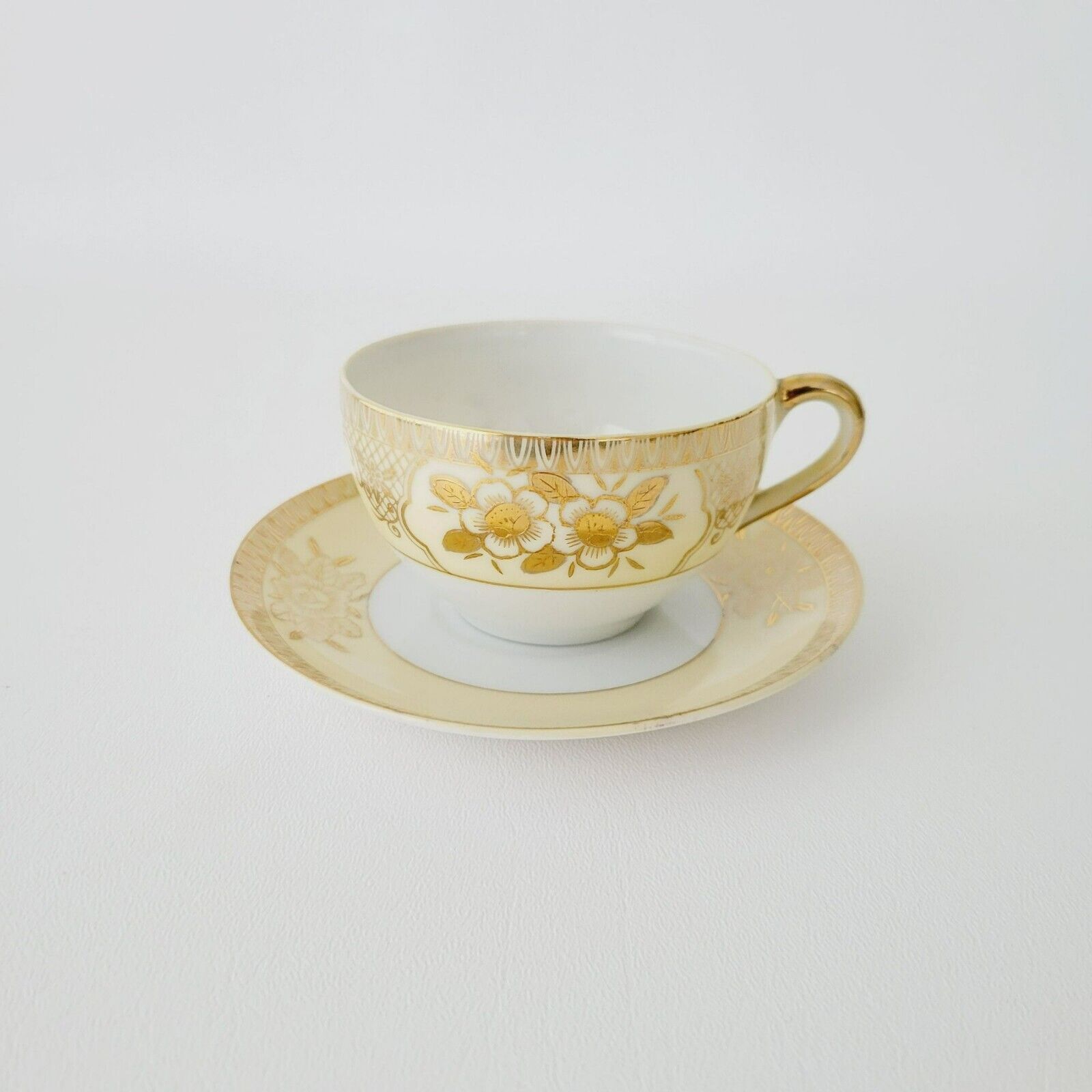 Vintage Chikaramachi Gold & Cream Floral Teacup/Saucer Embossed & Hand-Painted