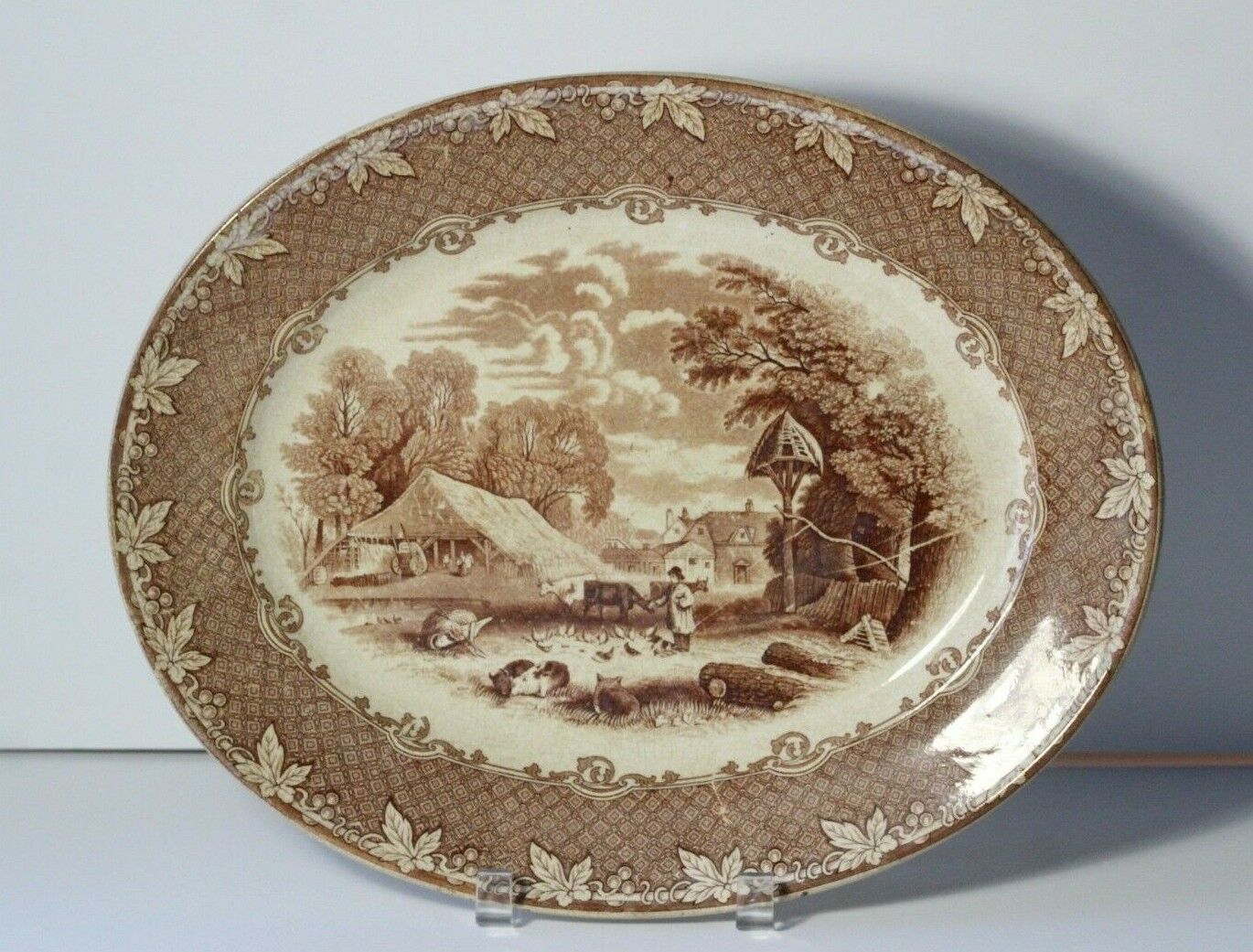 Antique Late 19thC Old Hall E Ware Brown Transferware Ironstone Oval Platter 14 