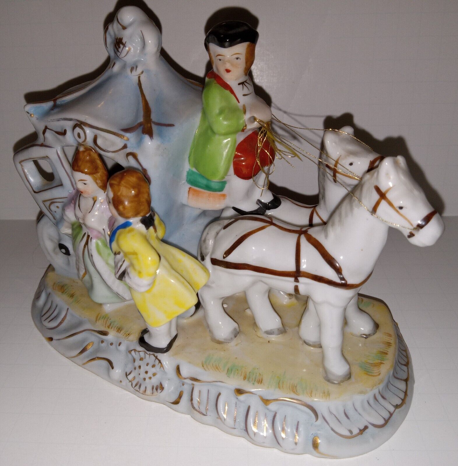 Vintage Horse Drawn Carriage Bisque Porcelain Figurine Japan Victorian Colonial 