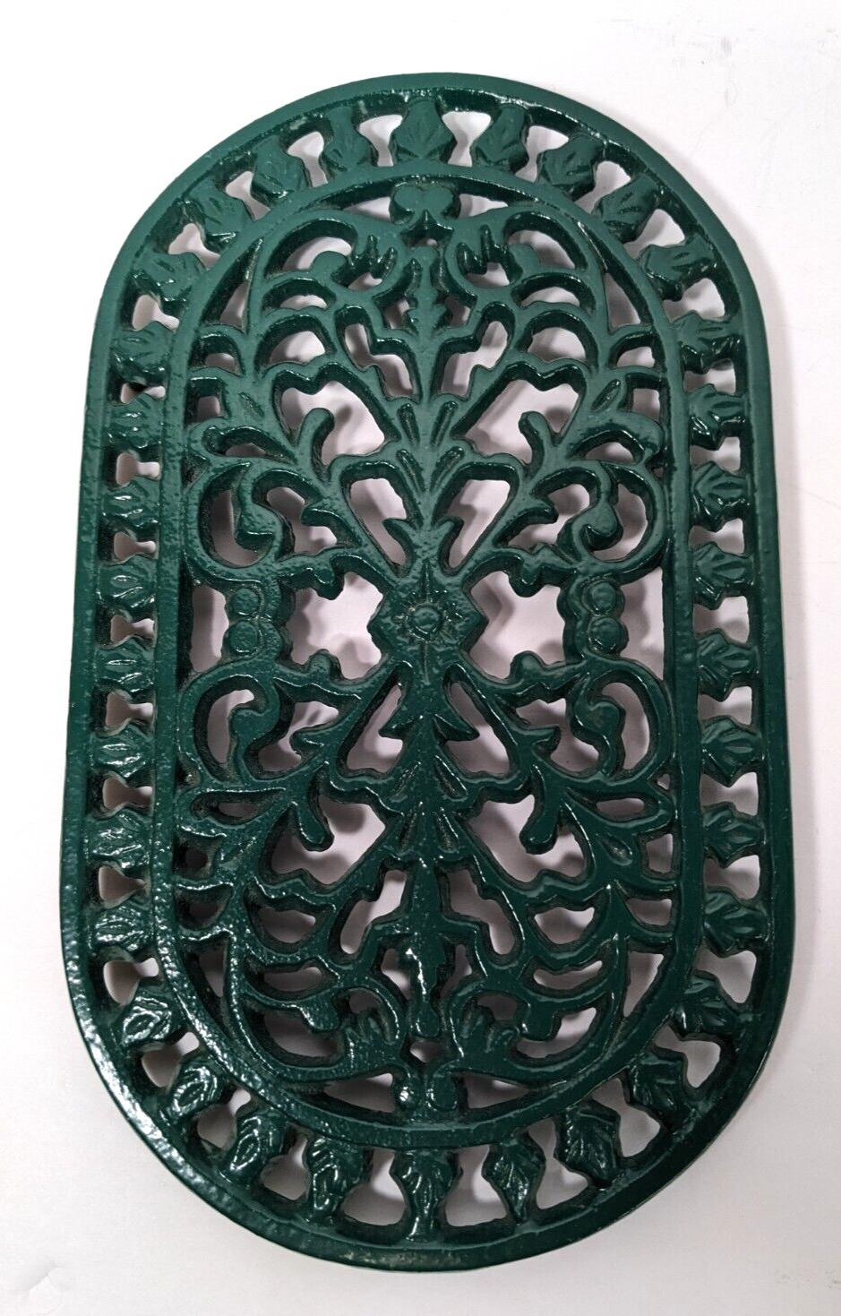 Vintage Cast Iron Enamel Trivet Floral Cutout Oval Footed Hot Plate Stand Green