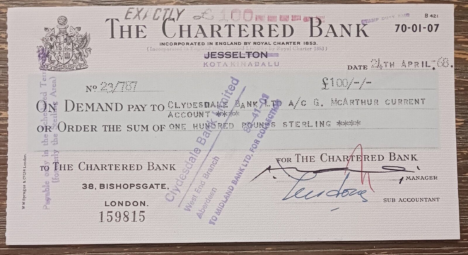 1968 - JESSELTON - THE CHARTERED BANK - £100/-/- - N° 23/787 - PRE OWNED 