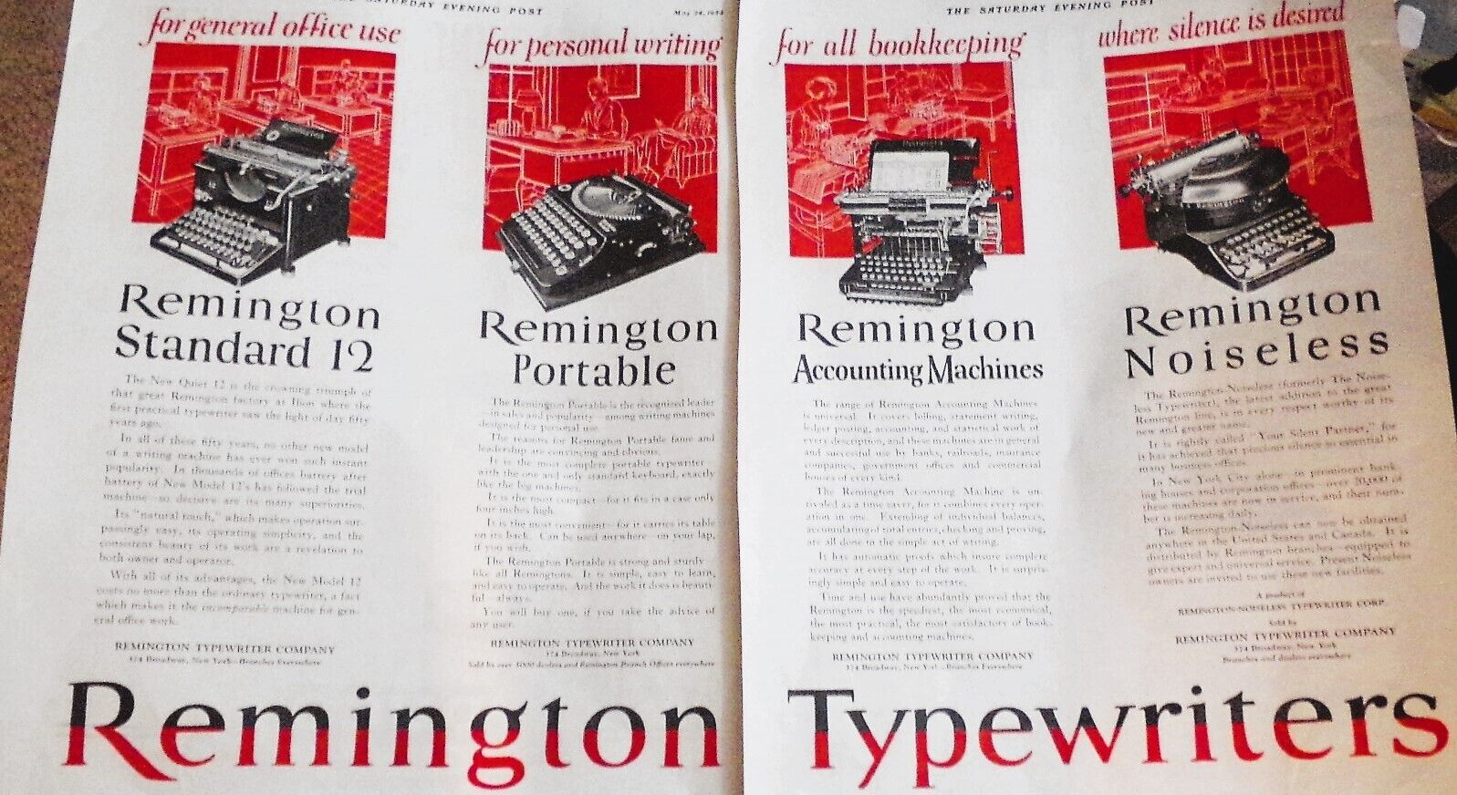 Vintage 1924 Remington Typewriter, Portable Print Advert. 2-pg F/C Collectible