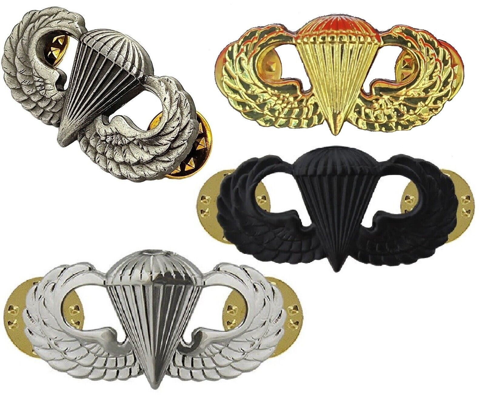 4PCS US ARMY GOLD OXIDIZED SILVER BLACK Parachutist Paratrooper Jump Wings Pin