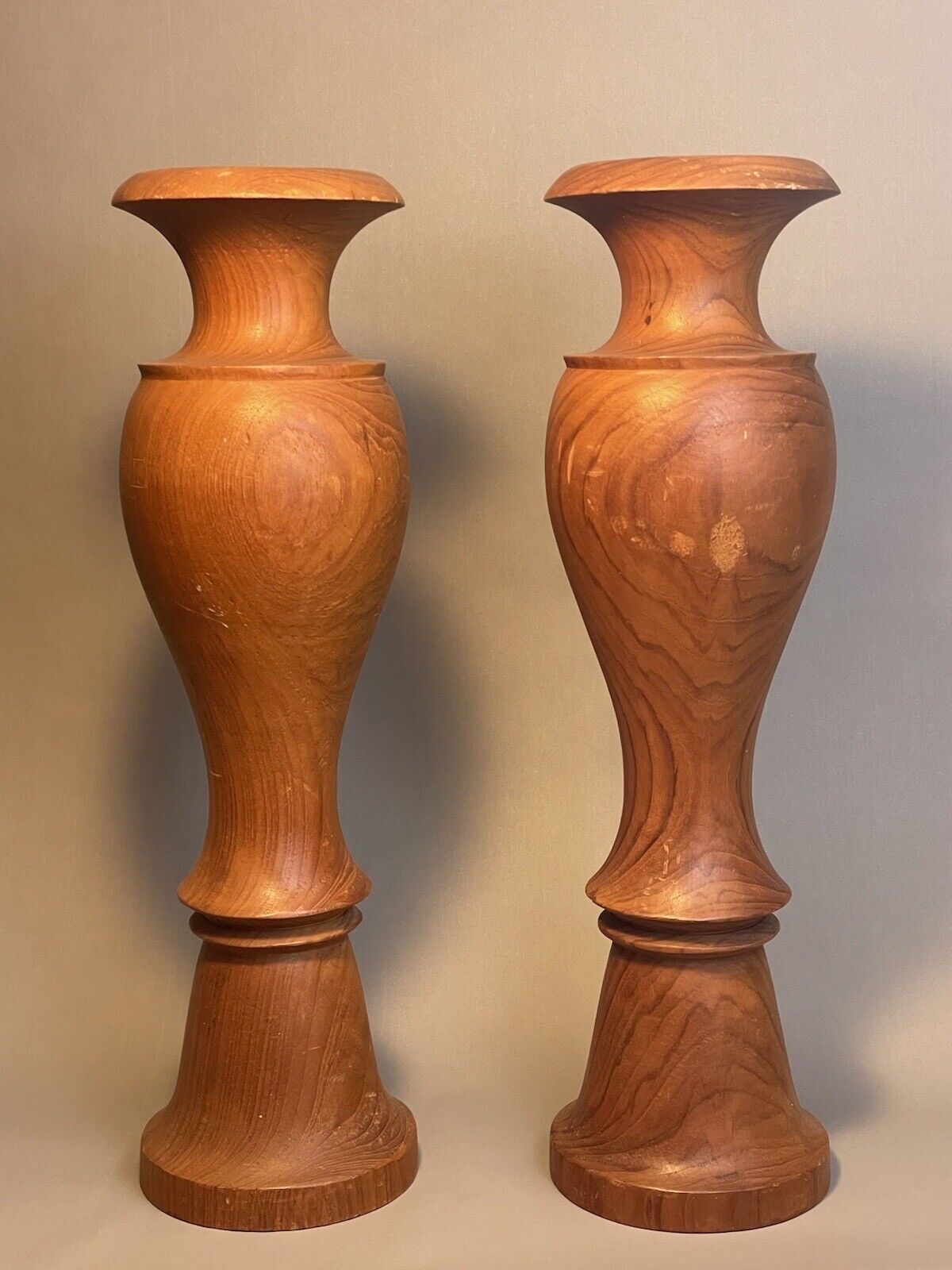 Pair Of Large Turned Wood Teak Vases