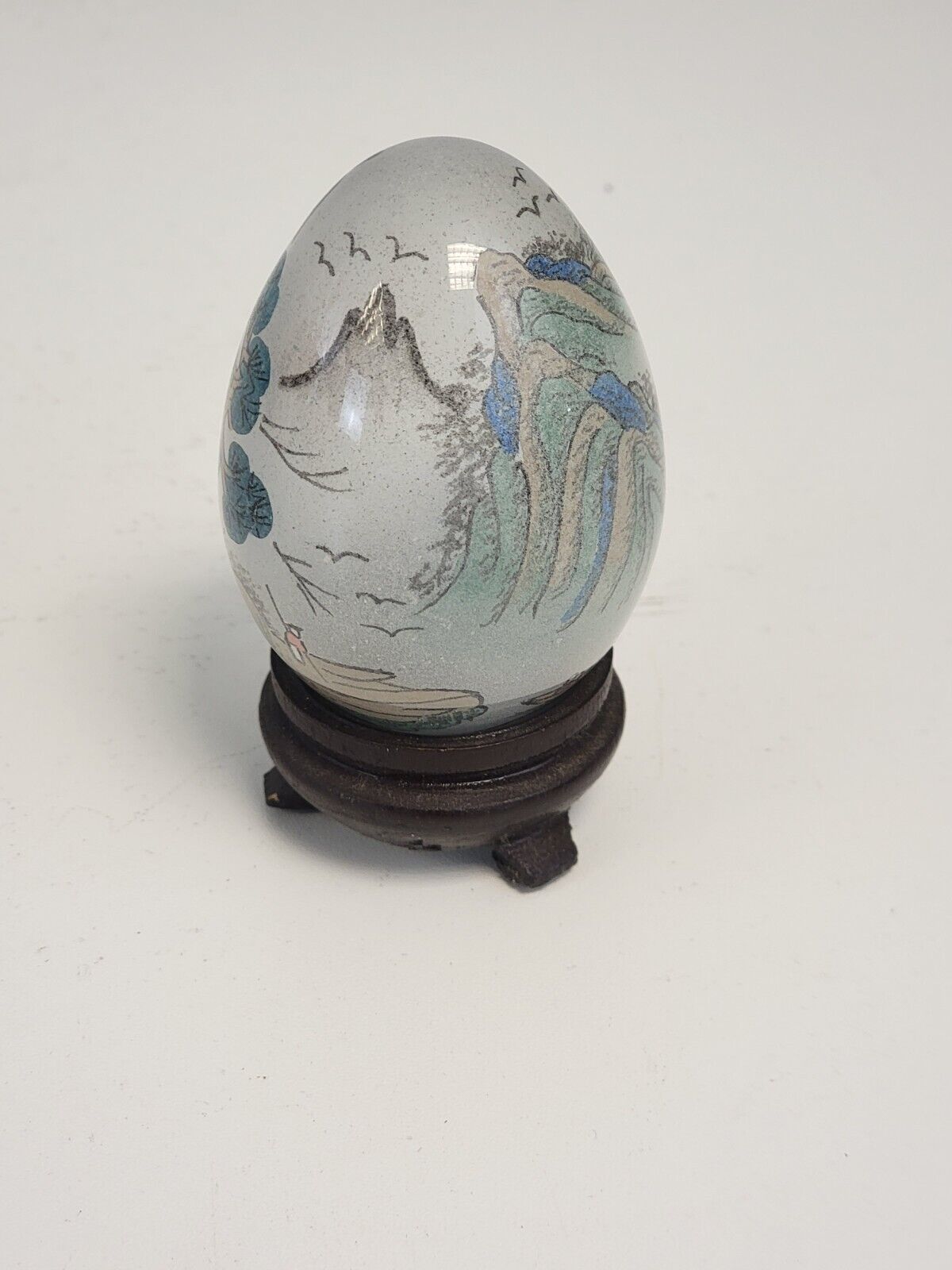 Glass Egg With Wood Base Oriental Asian Chinese Scene Tree Nature Application