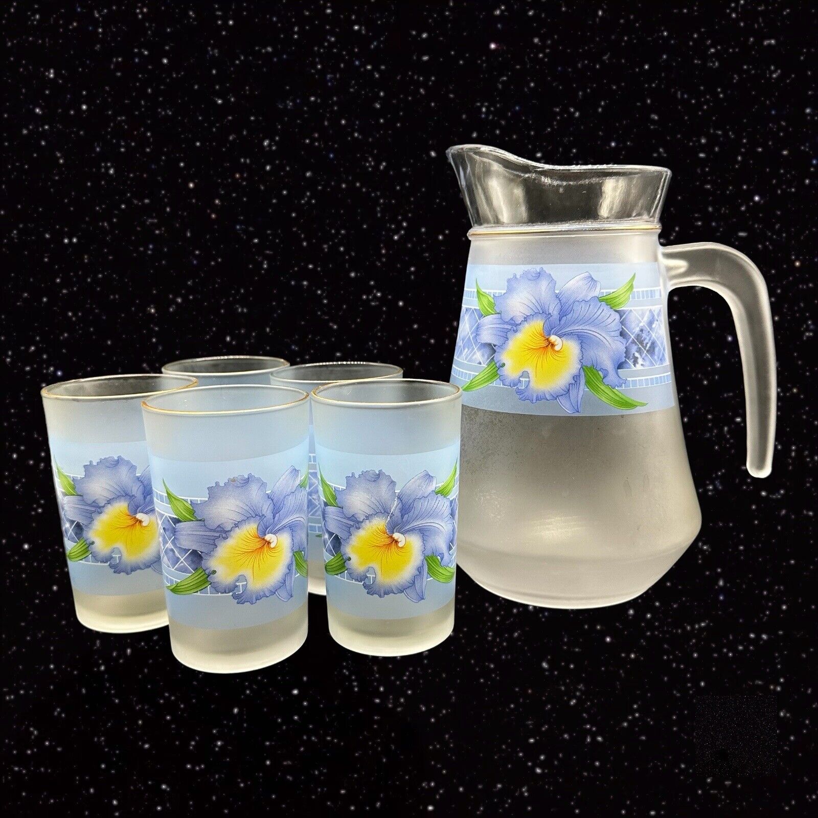 Briliant Frosted Flower Glass Pitcher 6 Pc Set Glass Drinking Glasses Indonesia