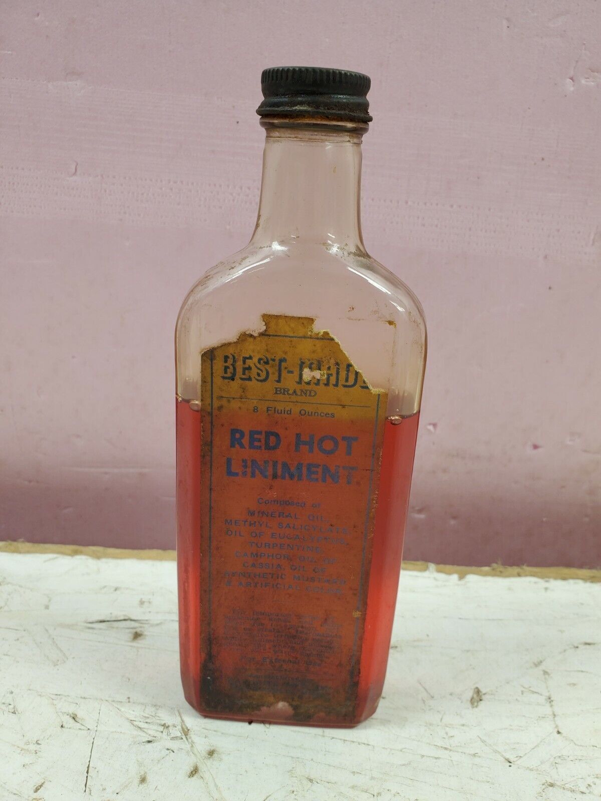 Antique Quack Turpentine Medicine Bottle Full Red Hot Liniment Best Made Brand