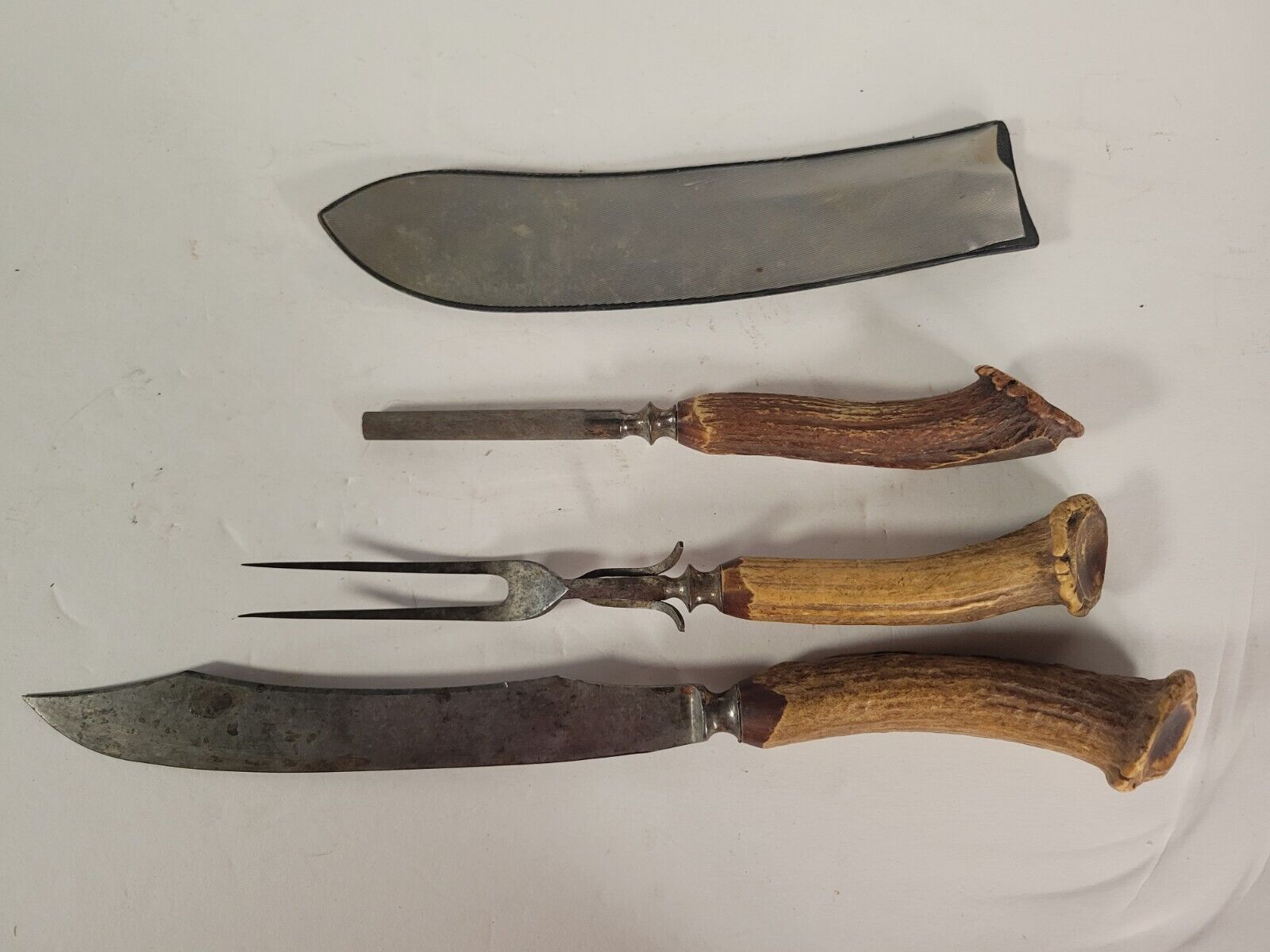 Antique Vintage Bone Handle Knife And Fork With Sharpener 