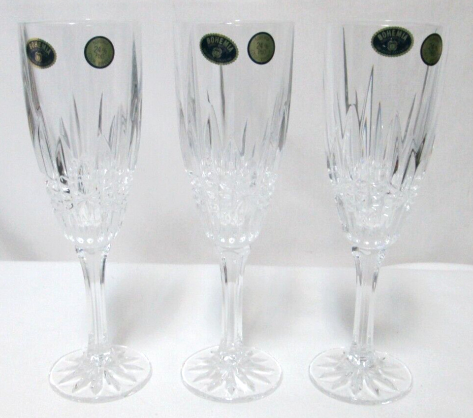 Bohemia Czech Republic Lead Crystal Champagne Flute Glasses NEW NWT Set 3