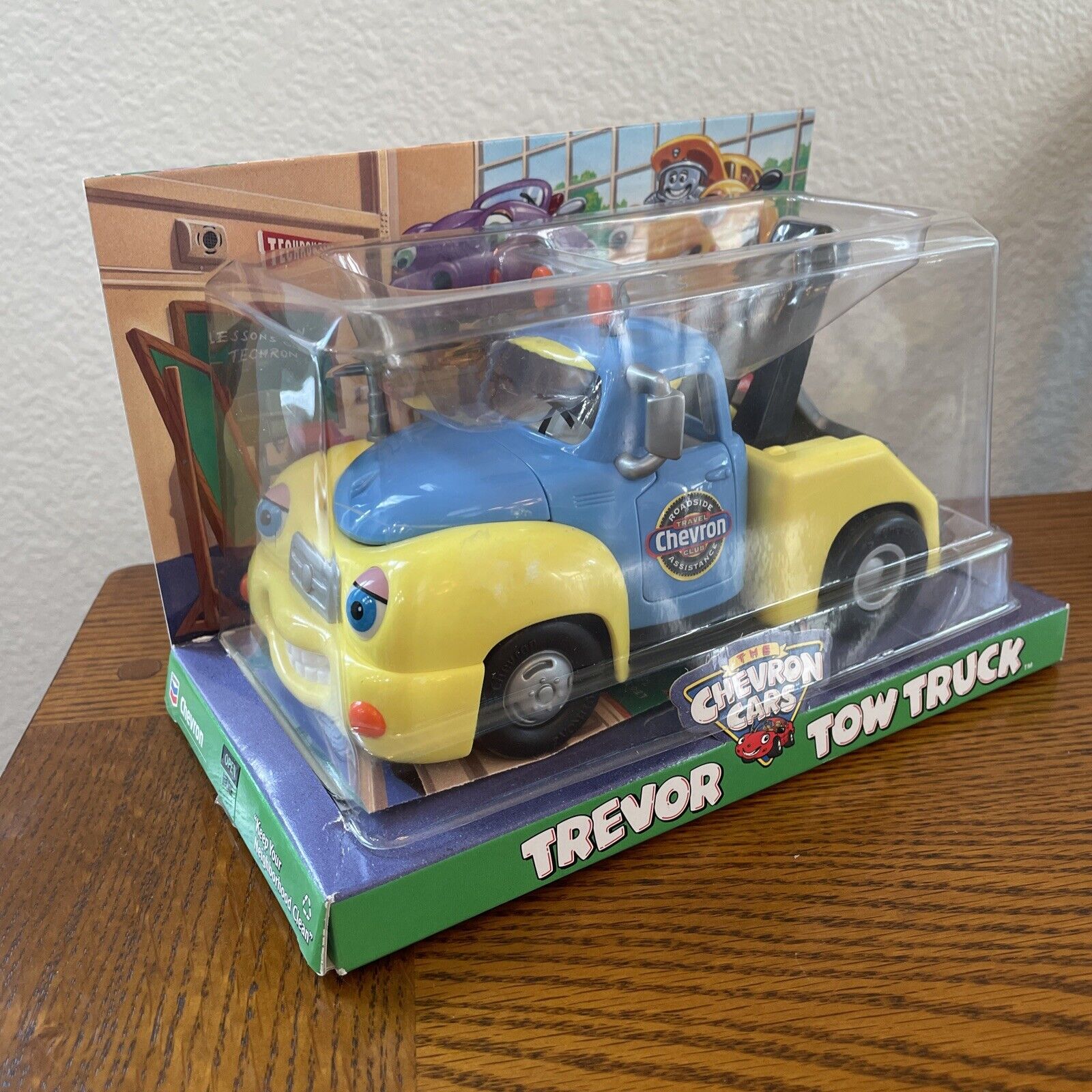 Trevor Tow Truck, Vintage Chevron Cars, 2001 collectible toy car, new in box