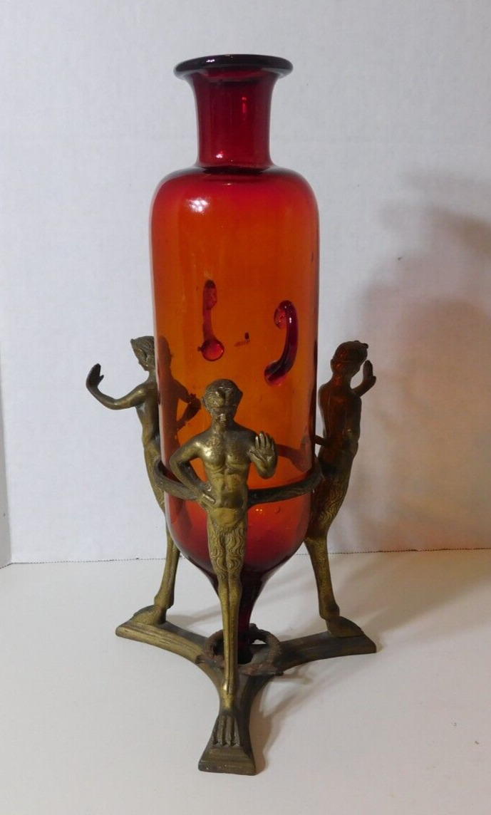 Giorgio Sommer Bronze Venetian Red Glass Vase Amphora Three Fauns Satyrs