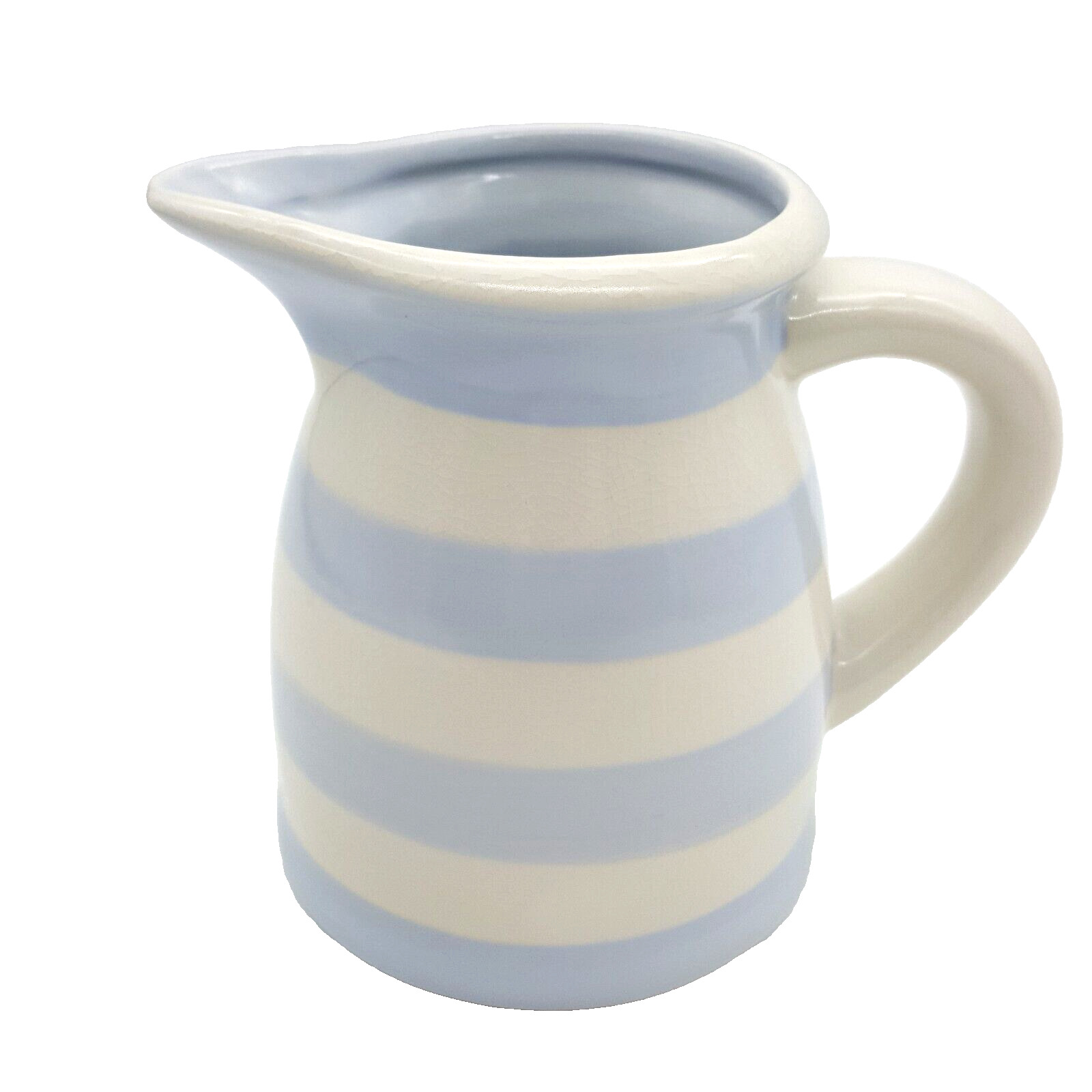 Blue and White Striped Pitcher Vase Faux Crackle Ceramic Cottage 16 Oz 4.75\