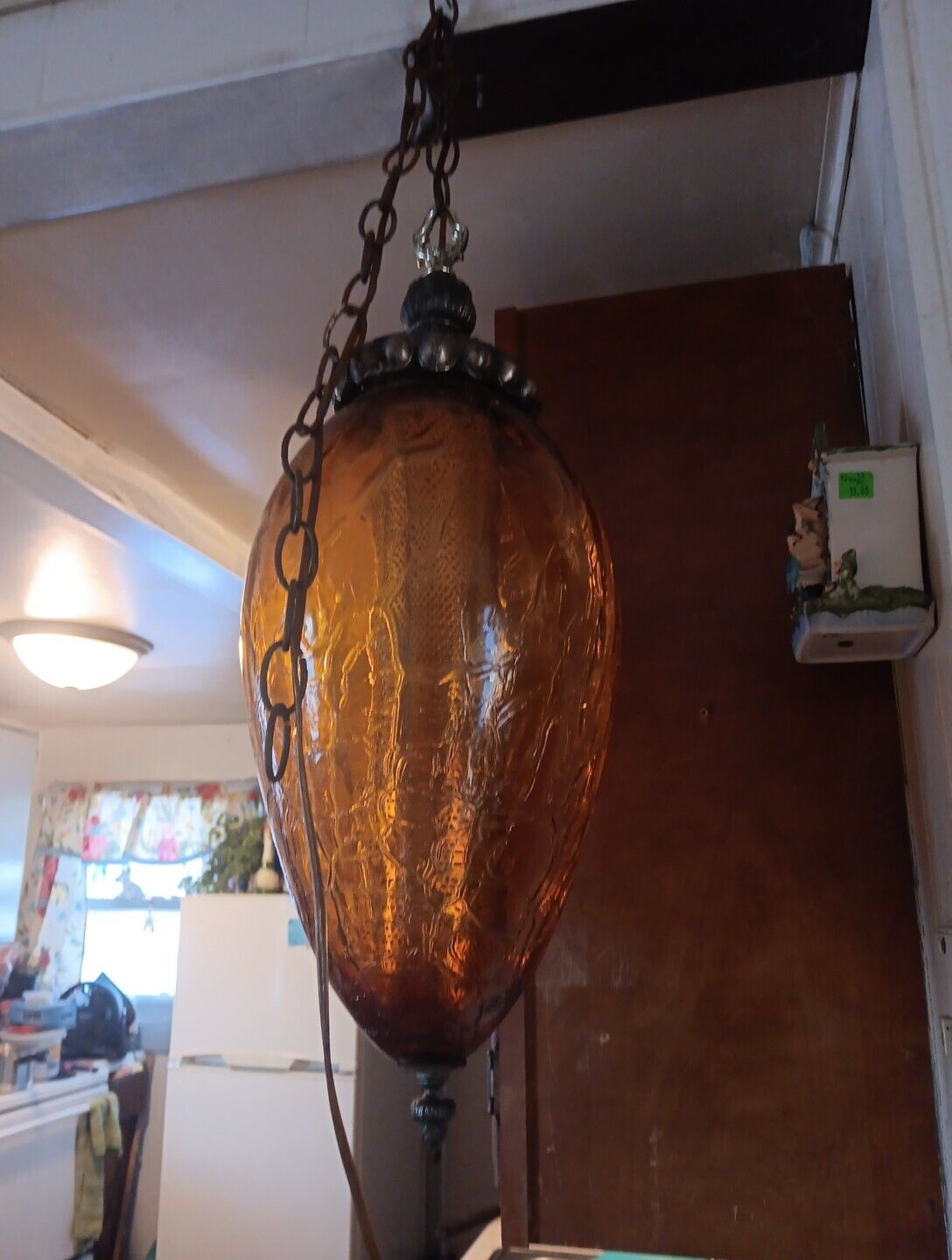 Vtg 1960's- 70's MCM Retro  Amber Crackle Glass Hanging Swag Light/Lamp