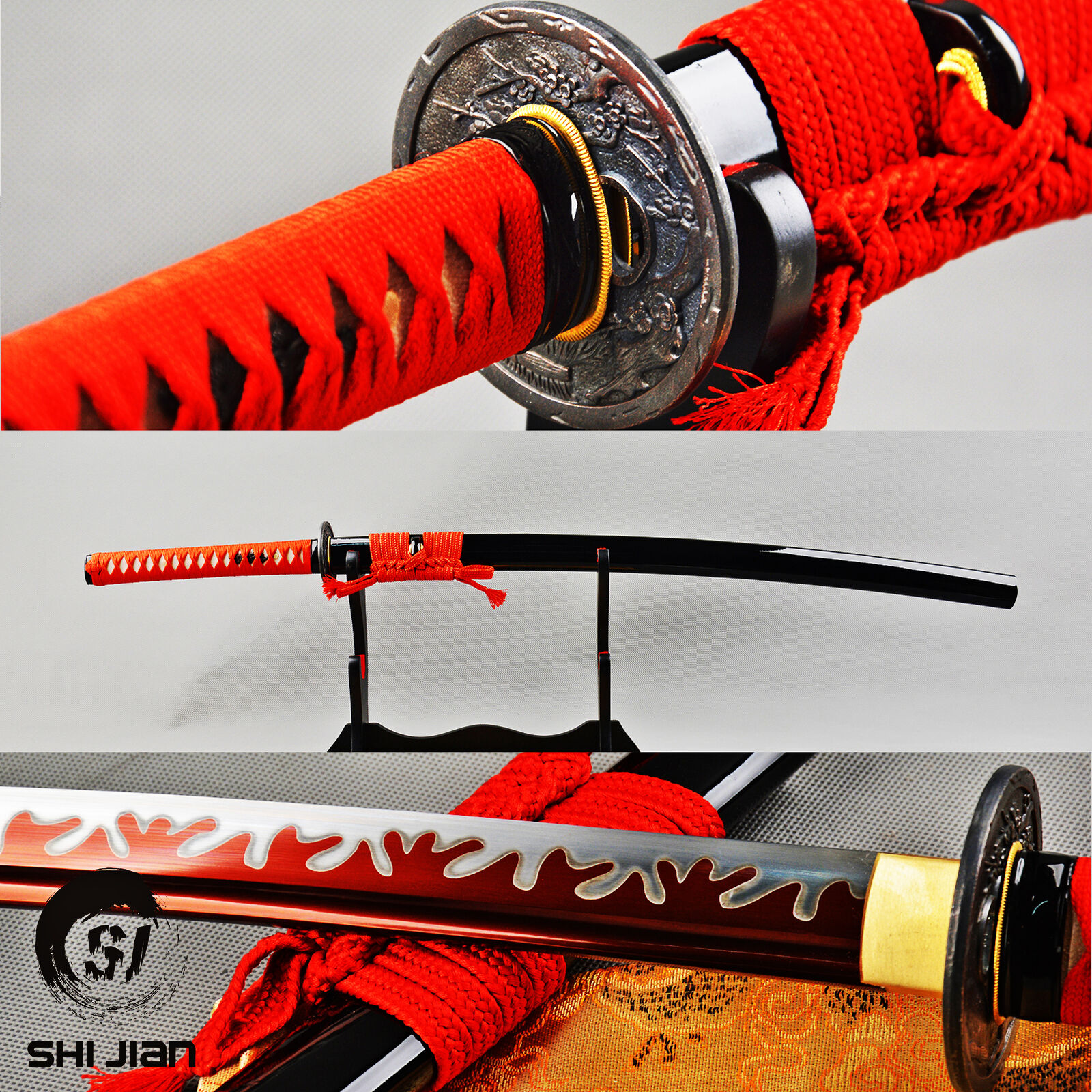 Hot Red Japanese samurai katana sword carbon steel sharpened blade wavy hamon