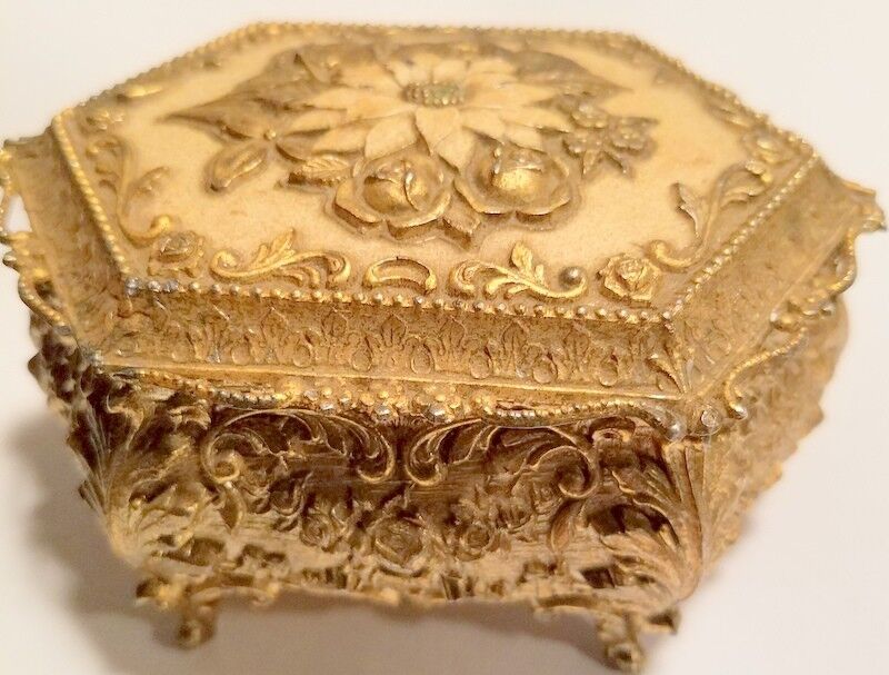 Vintage Hexagonal Jewelry Box Trinkets Antique Gold Tones Red Velvet Lining 