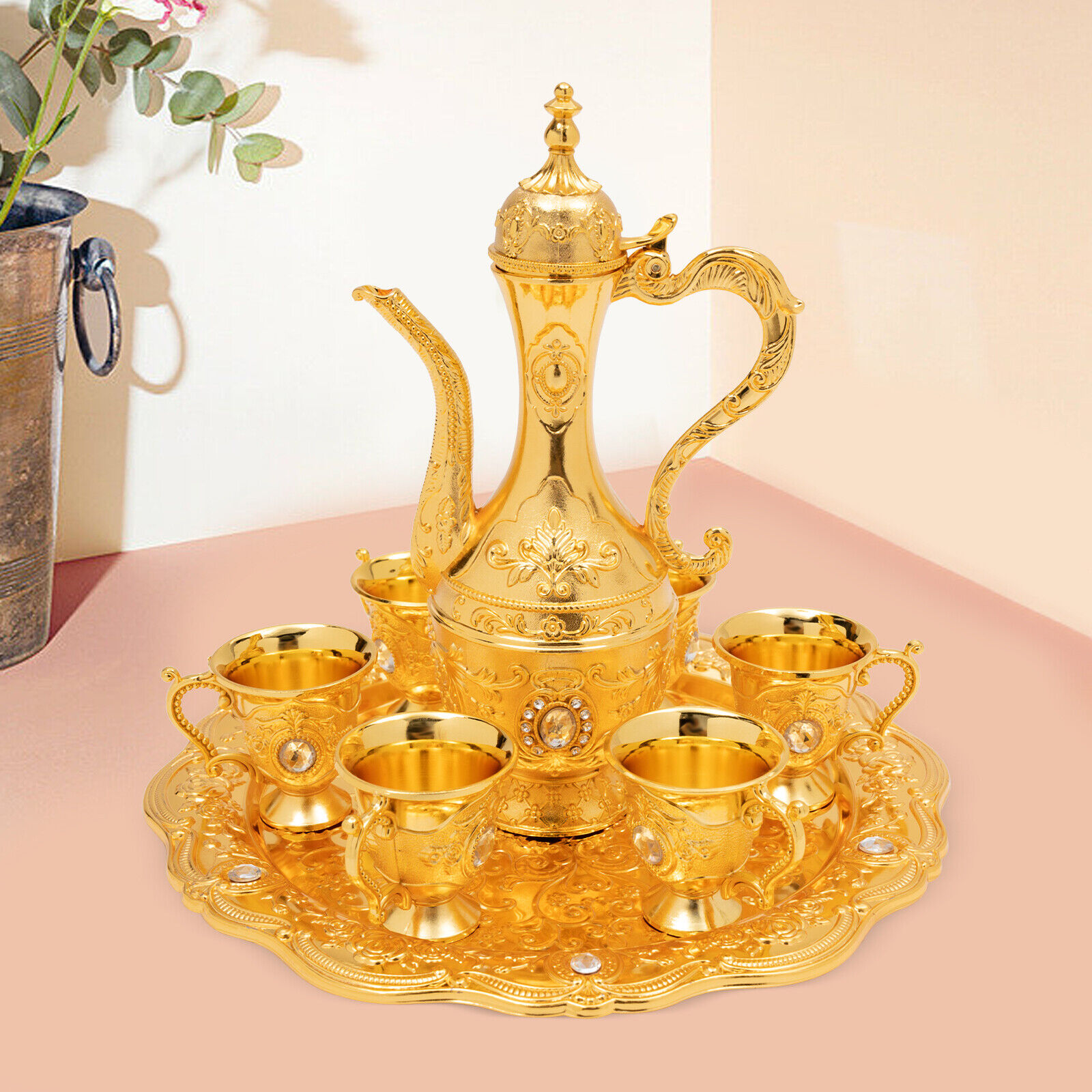 Vintage Tea Set Turkish Coffee Set W/Pot 6 Cups Wedding Birthday Teapots Decor