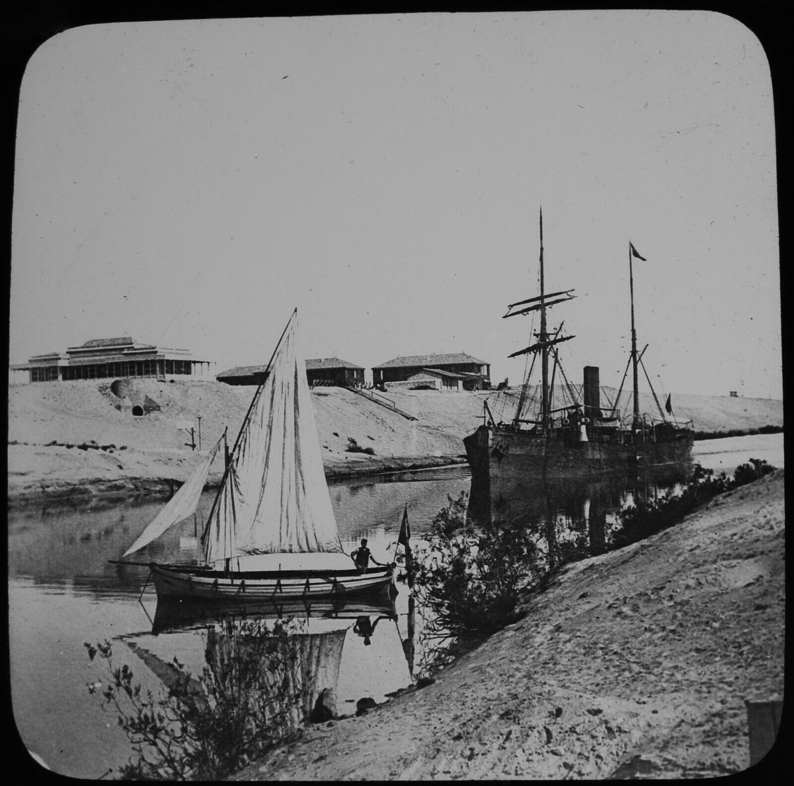 STEAMER SHIP IN THE SUEZ CANAL 1903 OLD PHOTOGRAPH Magic Lantern Slide EGYPT