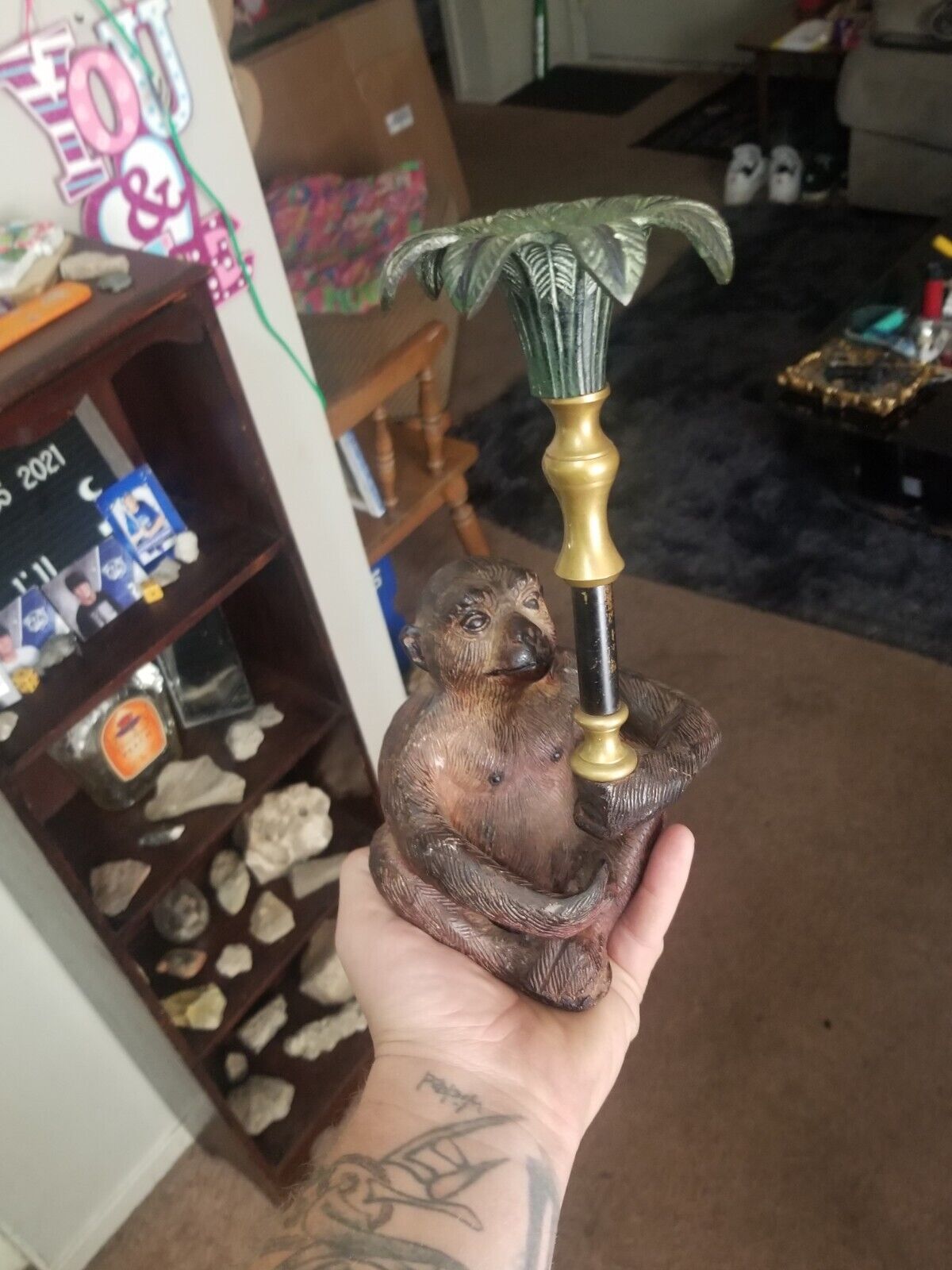 Patinated Bronze Monkey Candleholder  Circa 1900