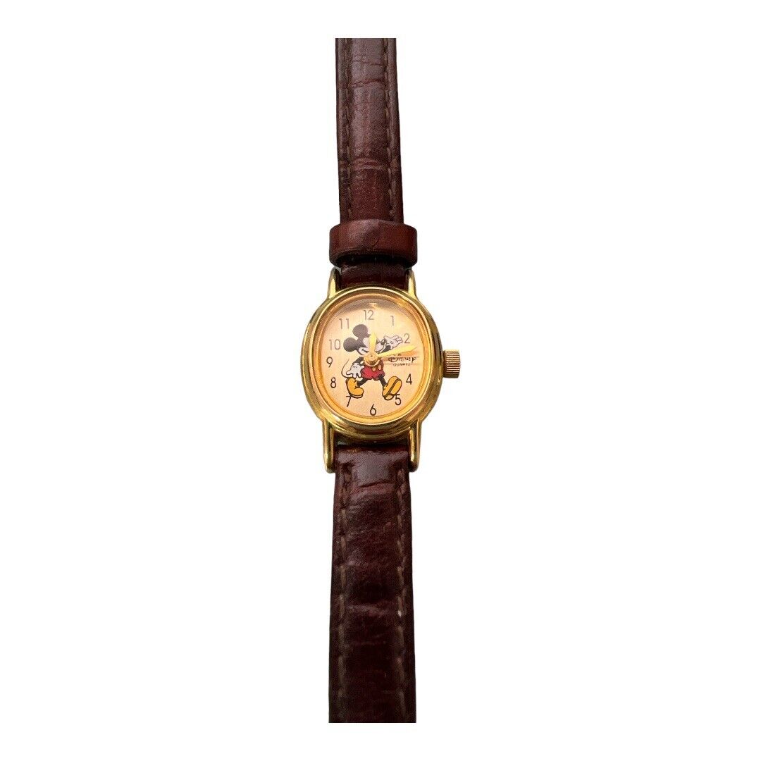 Vintage Tiny Oval Disney Time Works Mickey Mouse Watch for Her~Gold Tone Leather