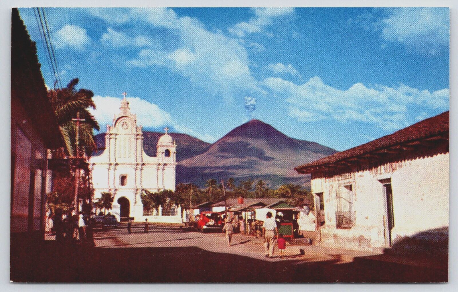 Izalco Volcano Village Street Scene Church El Salvador Vtg c1950s Postcard C14