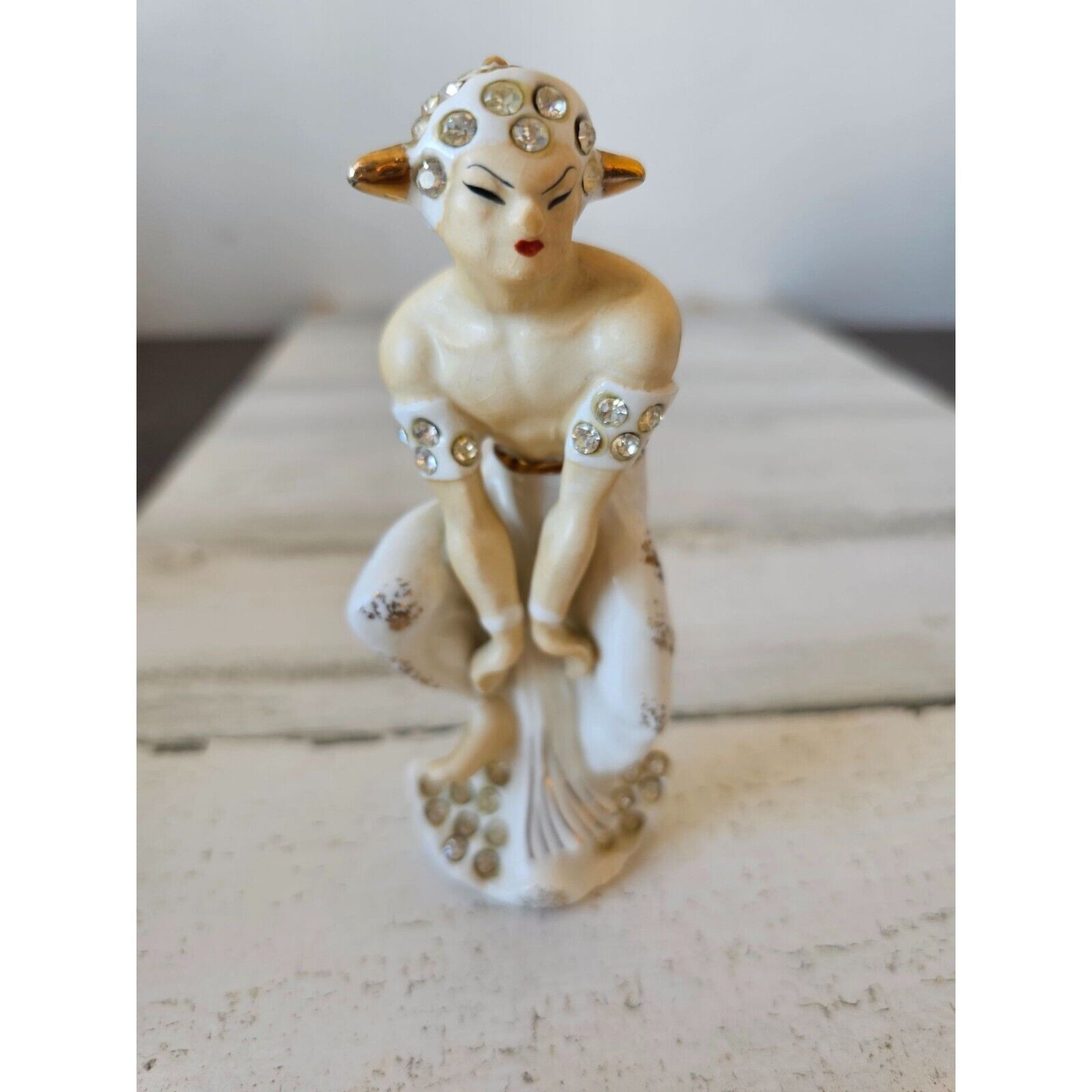 Vintage faun satyr goat mythical boy geisha rhinestone figurine statue unique