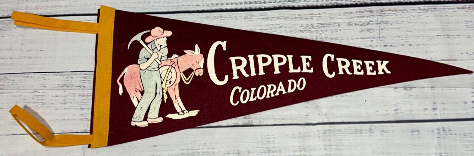 Vintage Cripple Creek Colorado Felt Pennant Banner Flag Gold Rush Burro Burgundy