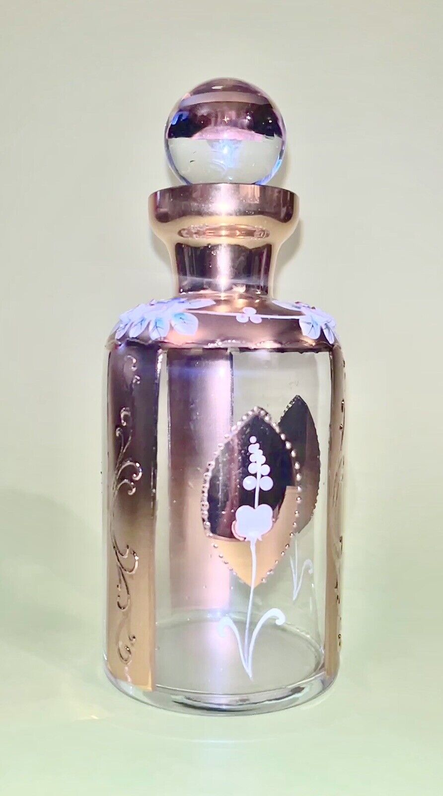 Bohemia, Czechoslovakia Glass Perfume Bottle Enamel Flowers Gold Gilded ￼Accents