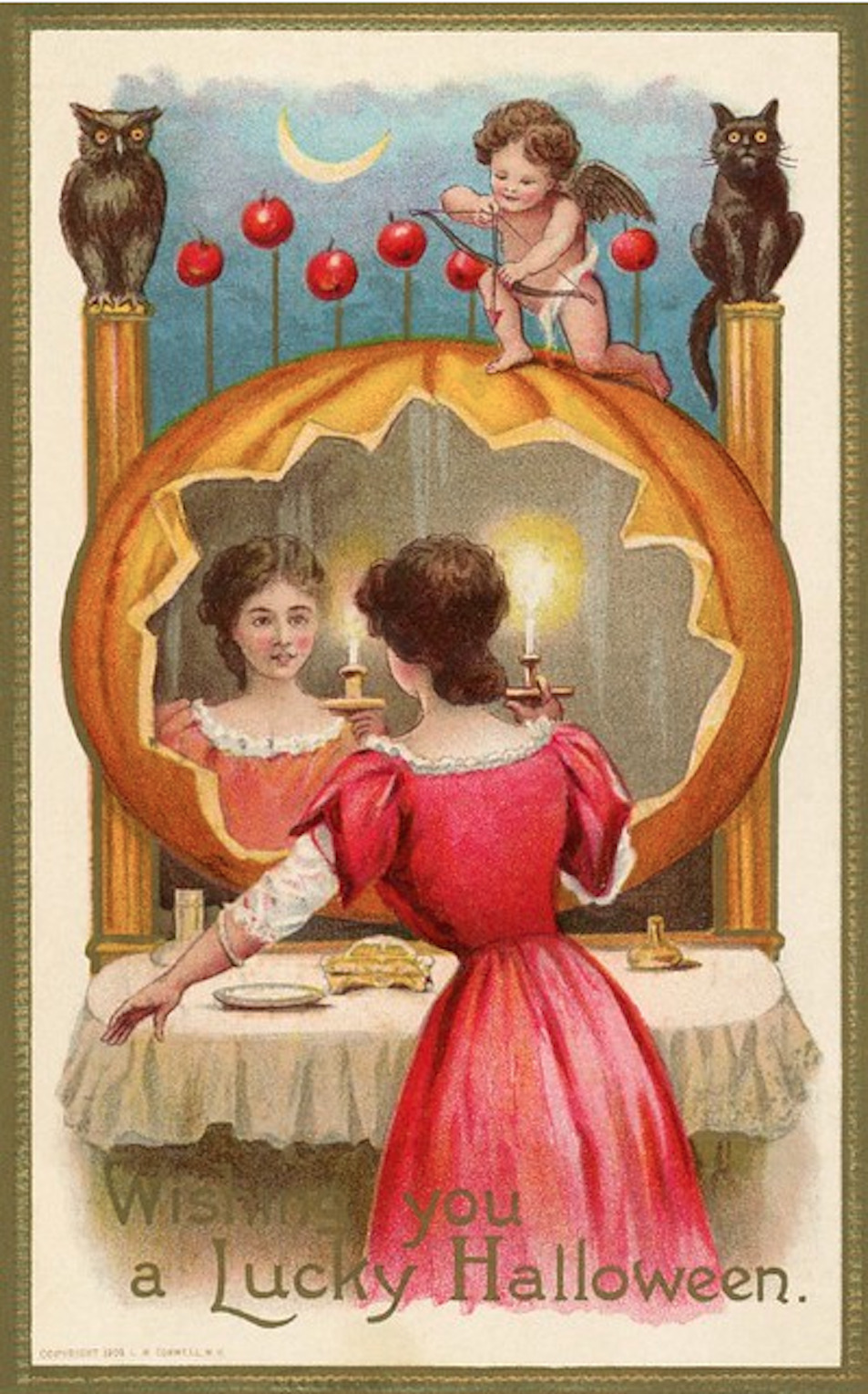 Lucky Halloween Postcard, Repro - Girl, Pumpkin, Owl, Black Cat, Cupid