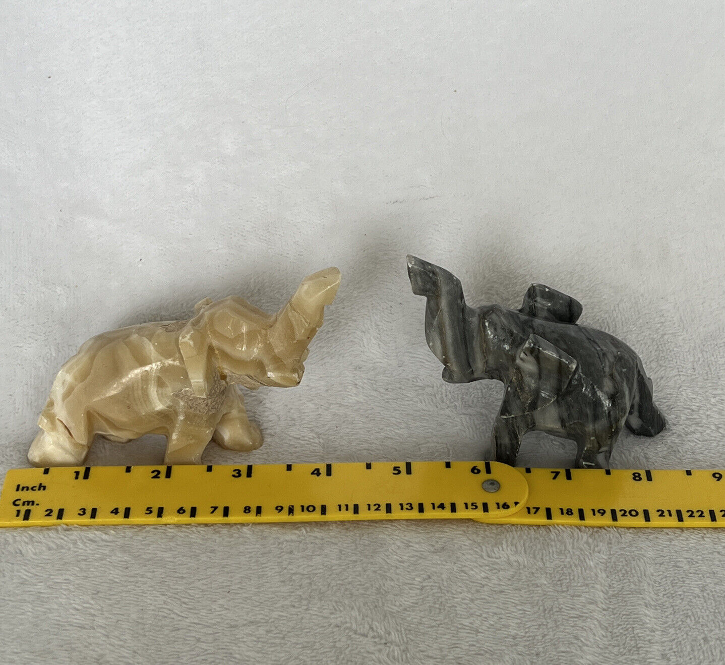 Elephant Figurines Hand Carved Marble Natural Stone Cream tan & Gray Africa 3-4”