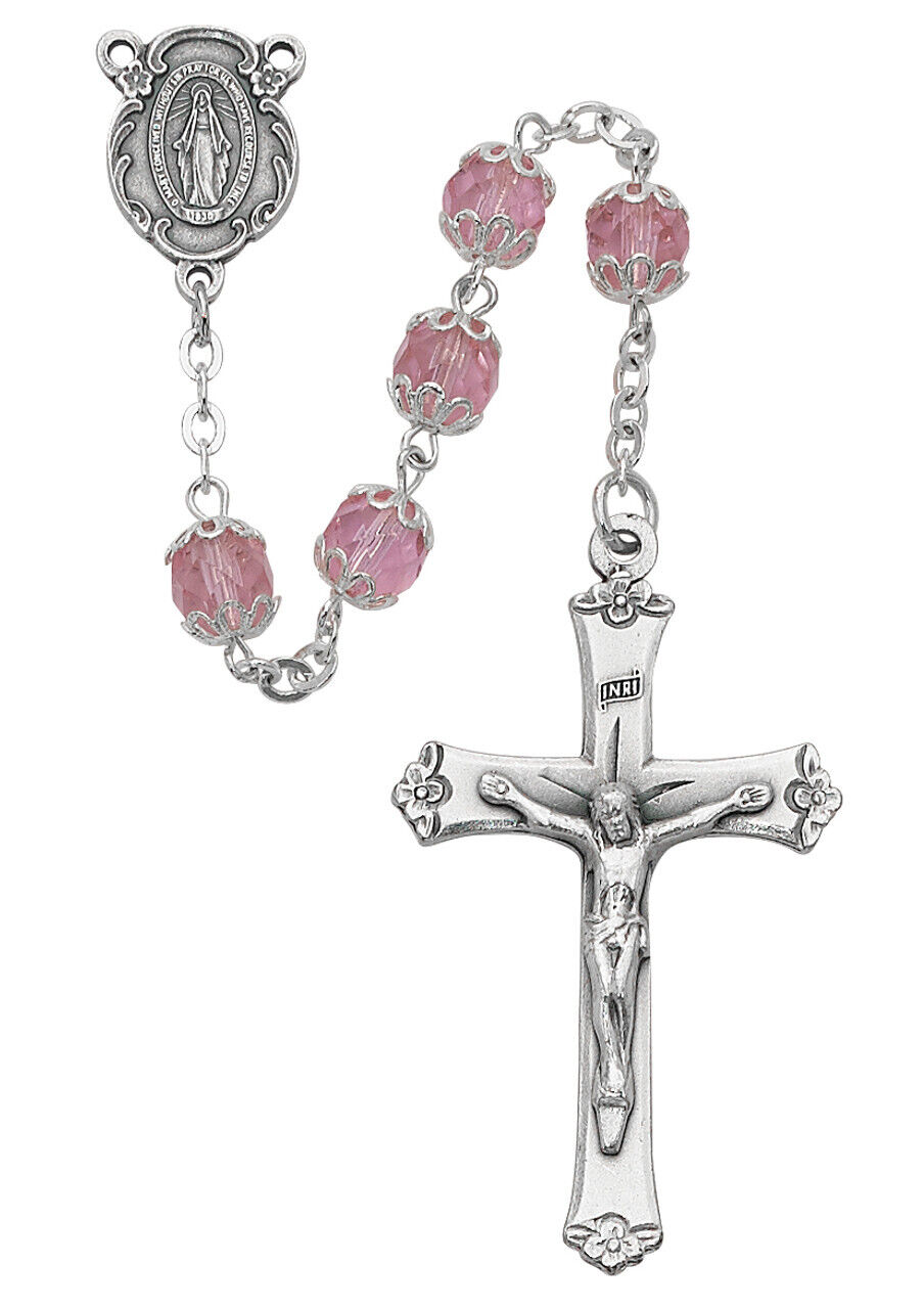 Capped Rose Bead Rosary Silver OX Center And INRI Crucifix Holy Prayer 7mm Beads
