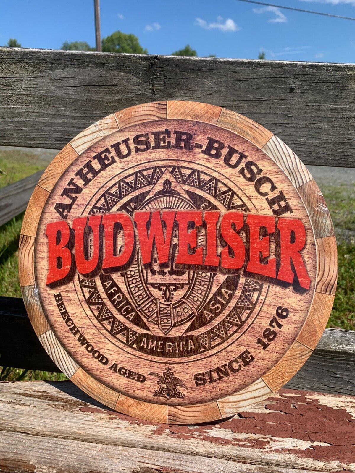 Vintage Budweiser Beer Tin Metal Sign Anheuser Busch Beechwood Aged Round Bar 