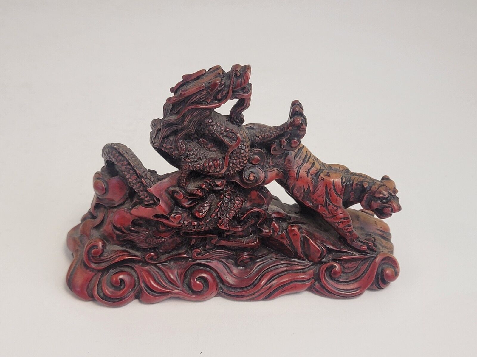 Vintage Chinese Asian Oriental Red Resin Dragon and Tiger Statue Figurine