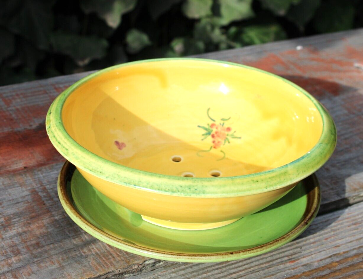 VTG Lou Pignatier French Pottery Yellow Colander Bowl with Green Plate
