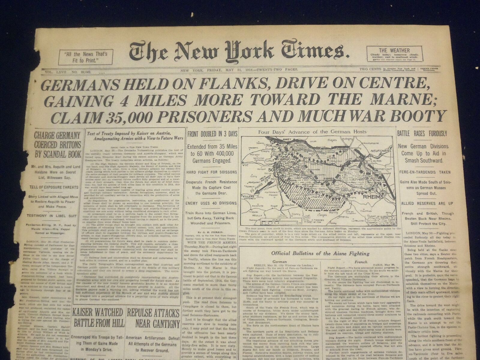 1918 MAY 31 NEW YORK TIMES - GERMANS GAIN 4 MILES TOWARD THE MARNE - NT 8183