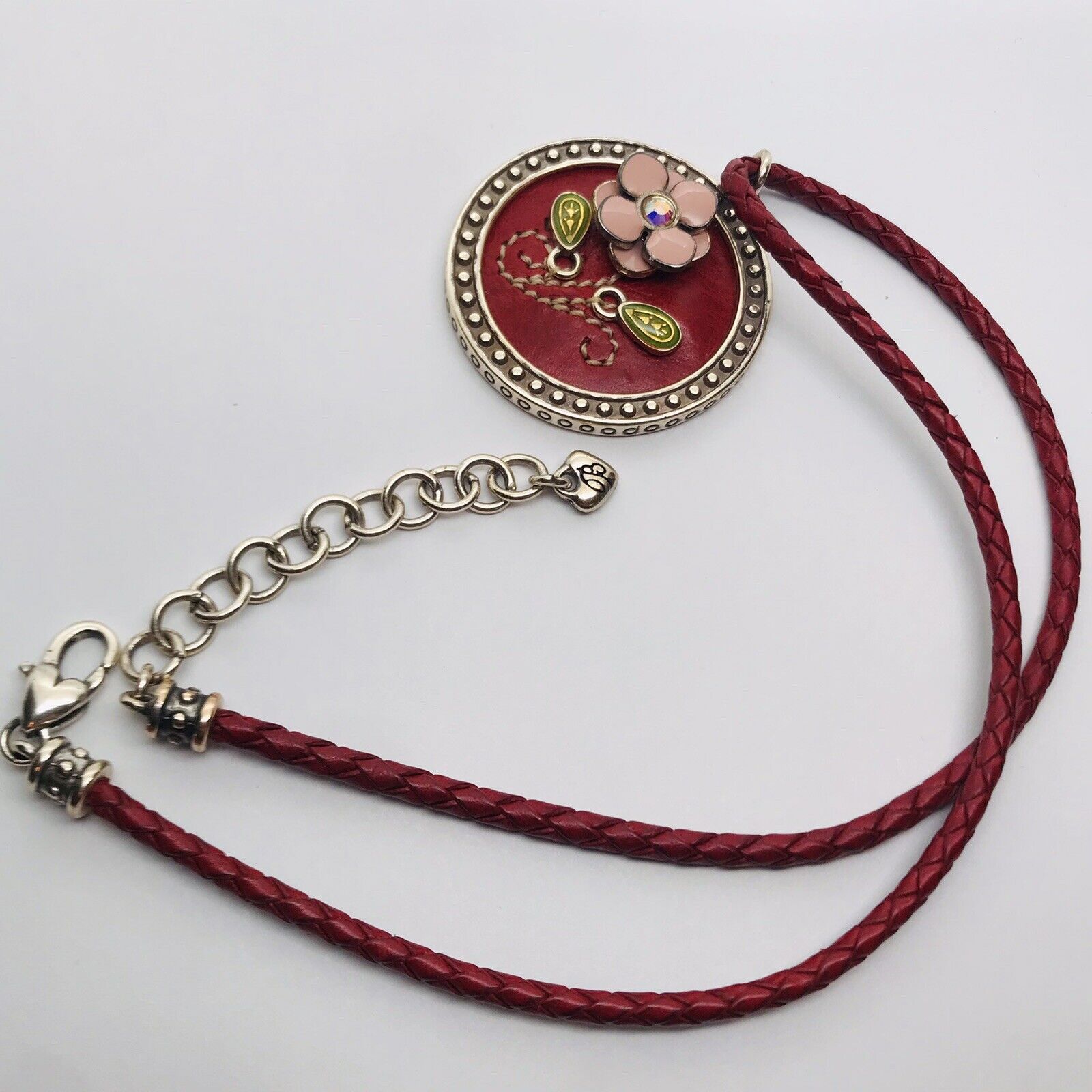 RETIRED BRIGHTON RED LEATHER FLOWER NECKLACE ADJUSTABLE CIRCLE SWIRL
