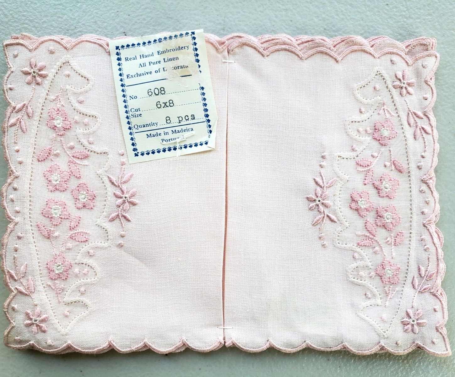 NOS Vintage 8 MADEIRA Hand Embroidered COCKTAIL Napkins pink white B