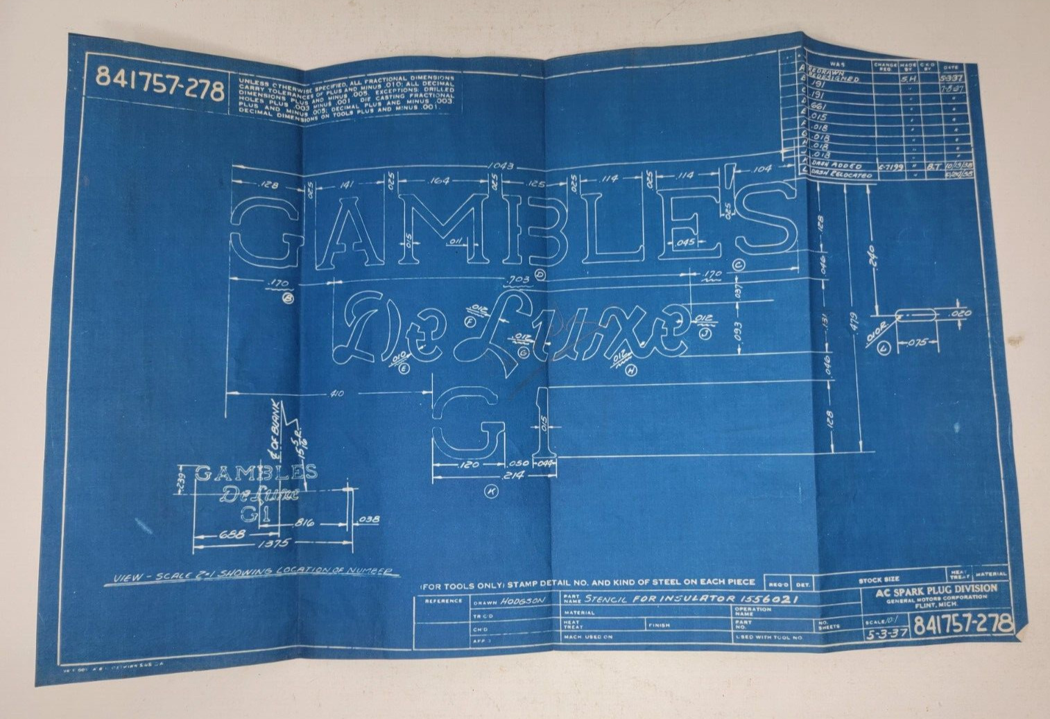 ANTIQUE AC SPARK PLUG Original Blueprint Authentic Dated 1937 - Gambles De Luxe