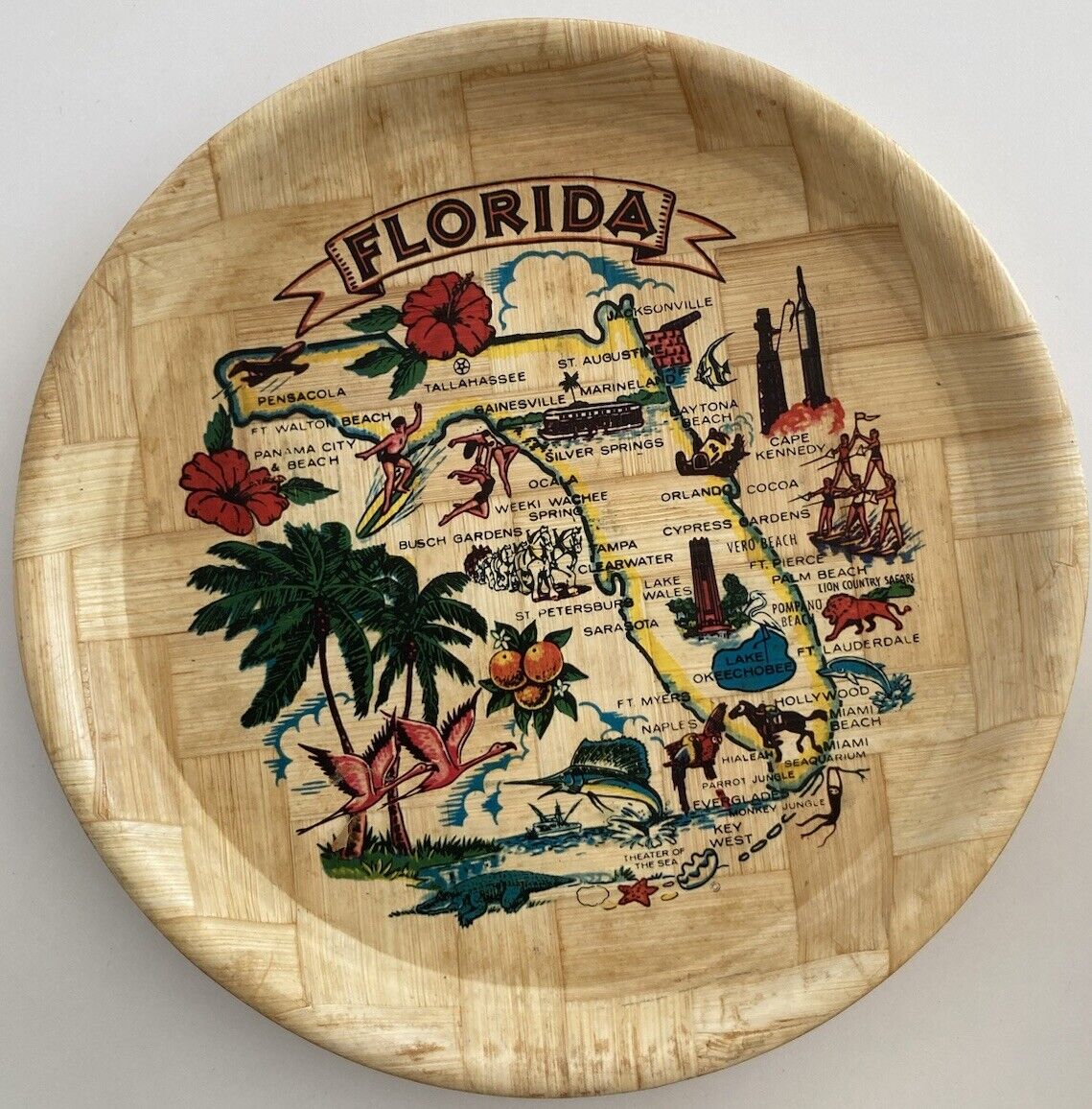 Florida Landmark Bamboo Tray Vintage 12” Round Souvenir Serving Tray