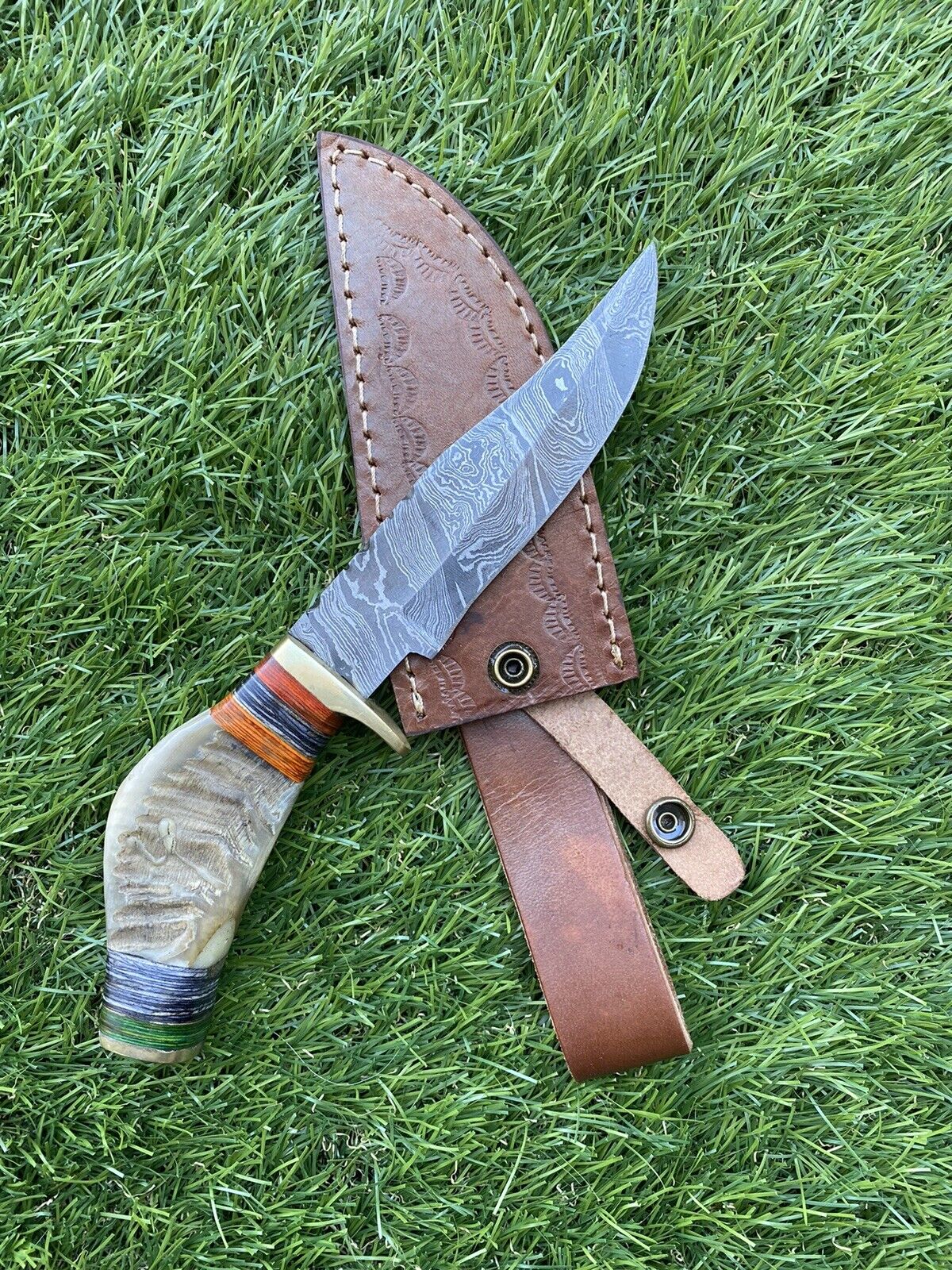 10”Hand Made /forged Damascus Steel Fixed Blade w/Ram horn/sheath/Skinner knife