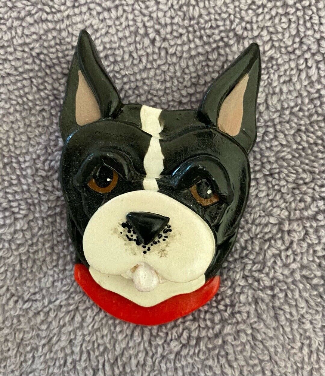VINTAGE CECILE 3D BOSTON TERRIER PIN CLAY SIGNED