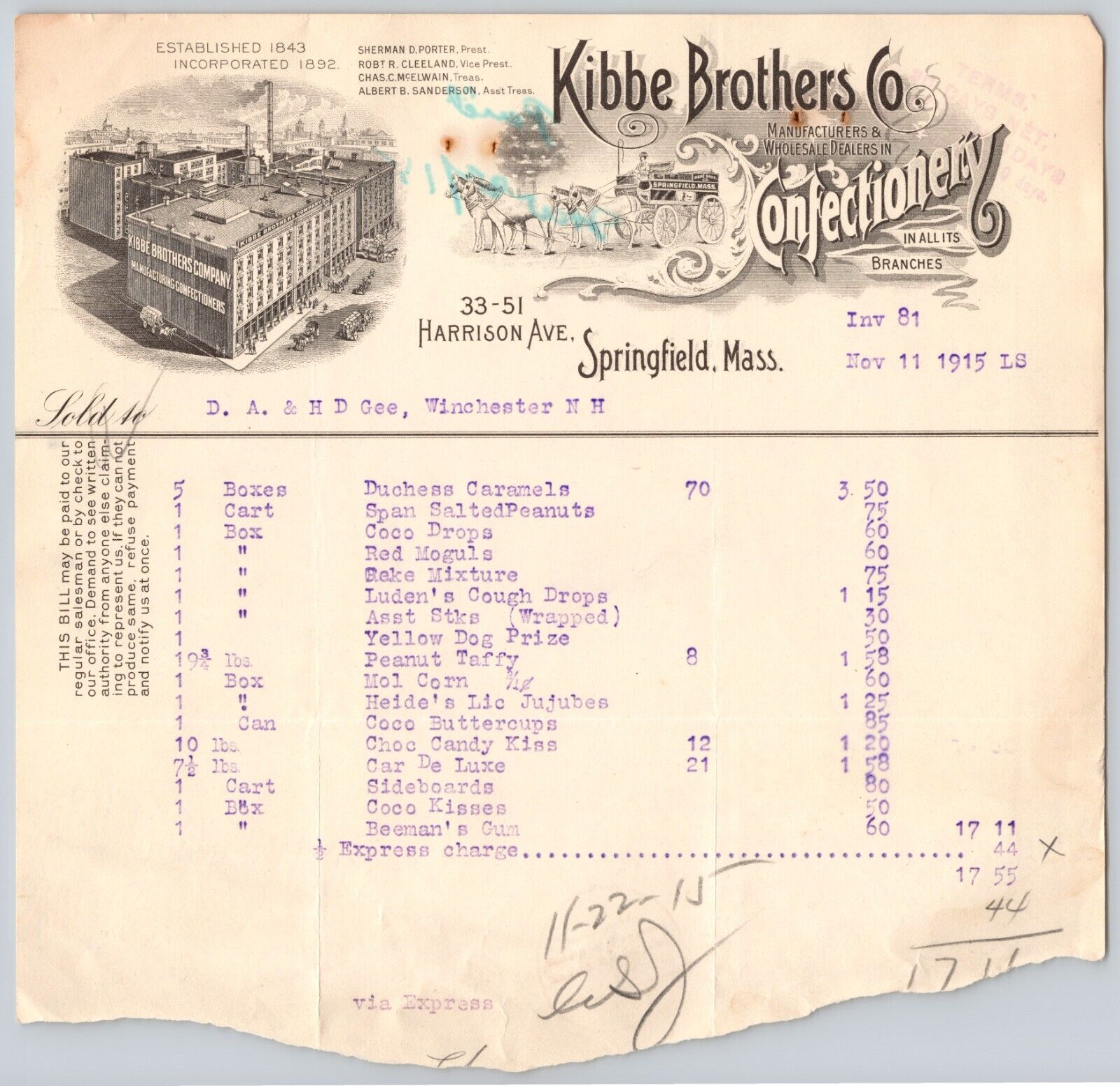 Letterhead 1915 Massachusetts Springfield Kibbe Brothers Confectionery Chocolate