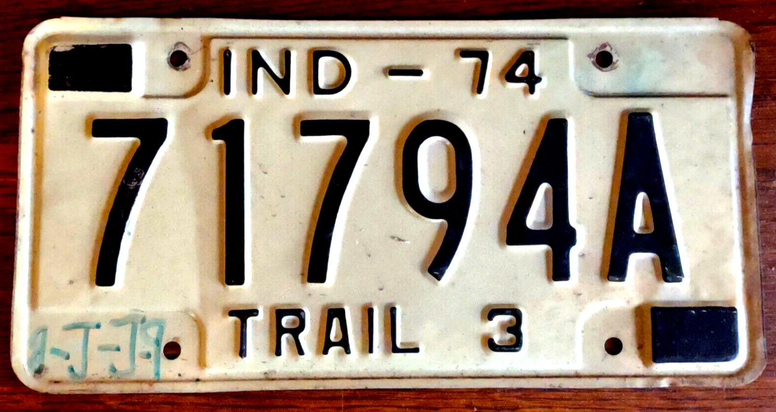 Indiana 1974 Black White Metal Expire License Plate Tag 71794A Trail 3 Trailer