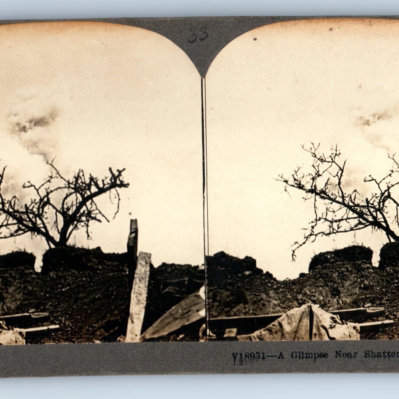 WWI c1916 Verdun France Exploding Shell Tree War Ruin Real Photo Stereo Card V20